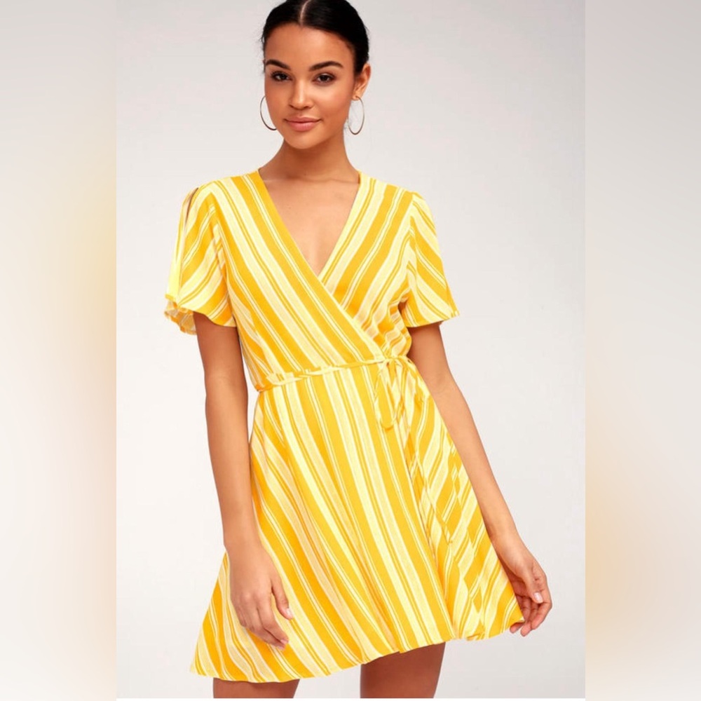 Lulu’s Sun Times Yellow Striped Wrap Dress Yellow Striped Wrap Mini Dress XS